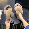 Thick Sole Autumn Winter Fashion Women Cross Faux Fur Slippers Outside Wear Warm Indoor Ladies 