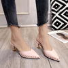 Summer new slippers women's medium heel stiletto comfortable sandals pointed toe nude color slimming women's shoes