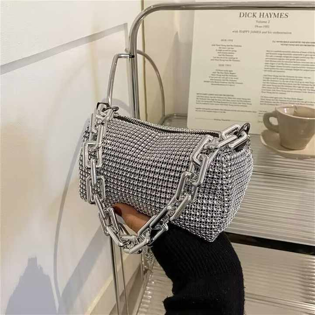 Portable Fashion Women's Crossbody Bag Bright Diamonds Metal Chains PU Dinner Parties 