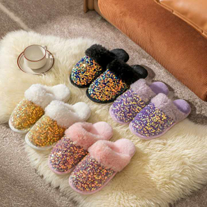 Winter Sequins Plush Cotton Slippers For Women Flats New Fashion Platform Casual Home Suede Fur Warm Flip Flops