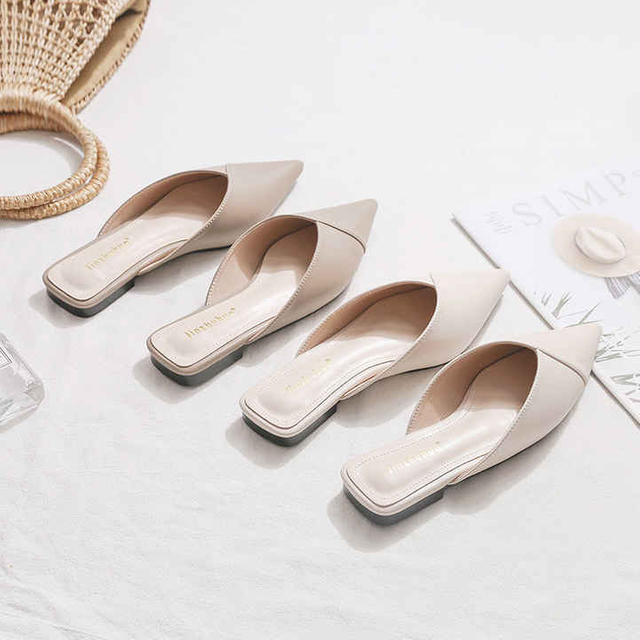 Flat Pointed Baotou Half Women's Lazy Muller Sandals Single Shoes PU Office dress elegance ladies temperament 
