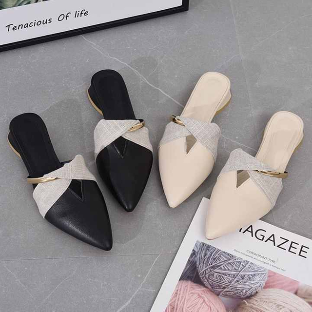 Sexy Pointed Toe Womens Slippers Slip On Ladies Mules Low Heel Woman PU Leather Pumps Summer Casual Slides Female