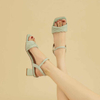 Genuine Leather Summer Sandals Women High Heels Fashion Square Open Toe Ladies Sandals