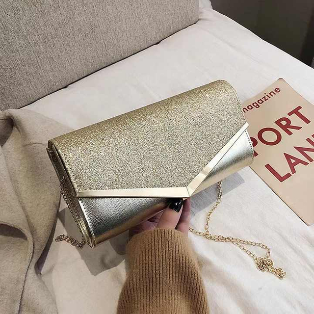 Women Envelope Evening Bag Glitter Ladies Chain Shoulder Bags Shiny Silver Long Purse Female Wedding Party Clutches Mini Handbag