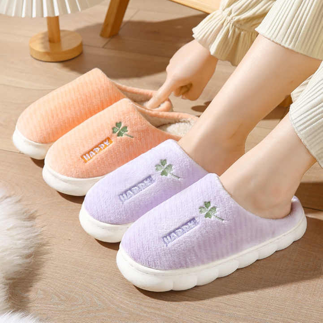 Women Soft Plush Cotton Slippers Fashion Non-Slip Floor Indoor Flop Slips Bedroom Warm Winter Shoes