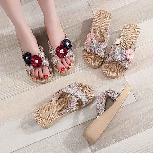 New Summer Women's Cool Linen Woven Slippers Hemp Bohemian Beach Slippers Outside Wedge Clogs Soft Sole Platform Slides