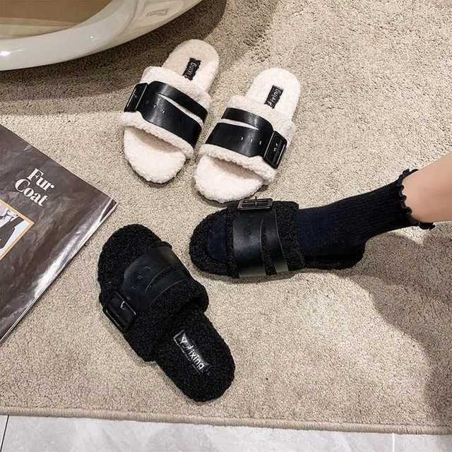 Women Autumn Winter Fashion Lamb Ladies Fluffy Fur Warm Home Slides Female Indoor Flat Soft Floor Shoes 