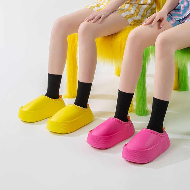 Women Fur Waterproof Slippers Winter Warm Plush Household Slides Indoor Home Thick Sole Footwear Non-Slip Solid Couple Sandals