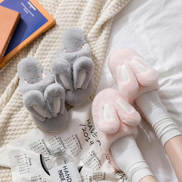 New Women's Cotton Slippers Female Cute Cartoon Bunny Rabbit Ears Couple Plush Male Winter Home House Shoes