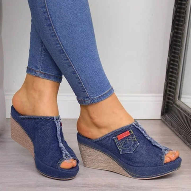 Wedges High Heel Sandals Women New Fashion Denim Cotton Peep Toe Slip-on Slingback Slipper Shoes Casual Female Sandalias