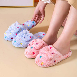 Women's Winter Bow Cotton Slippers Girl Home Non-Slip Plush Shoes Female Warm Slippers