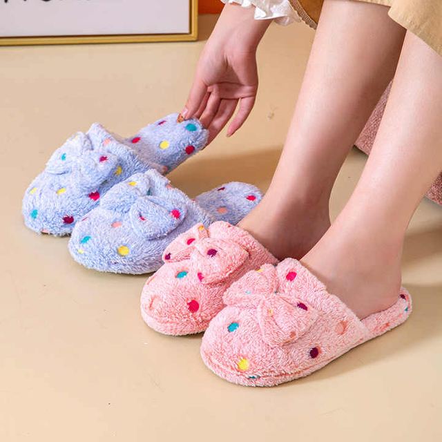 Women's Winter Bow Cotton Slippers Girl Home Non-Slip Plush Shoes Female Warm Slippers