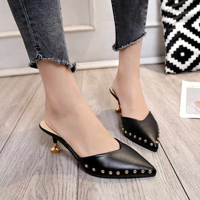 Summer new slippers women's medium heel stiletto comfortable sandals pointed toe nude color slimming women's shoes