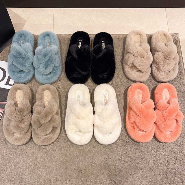 Newest 5.8CM Platform Winter Women Furry Slippers Plush Cross Faux Fur Shoes Indoor Ladies Sandalias Fluffy House Slides