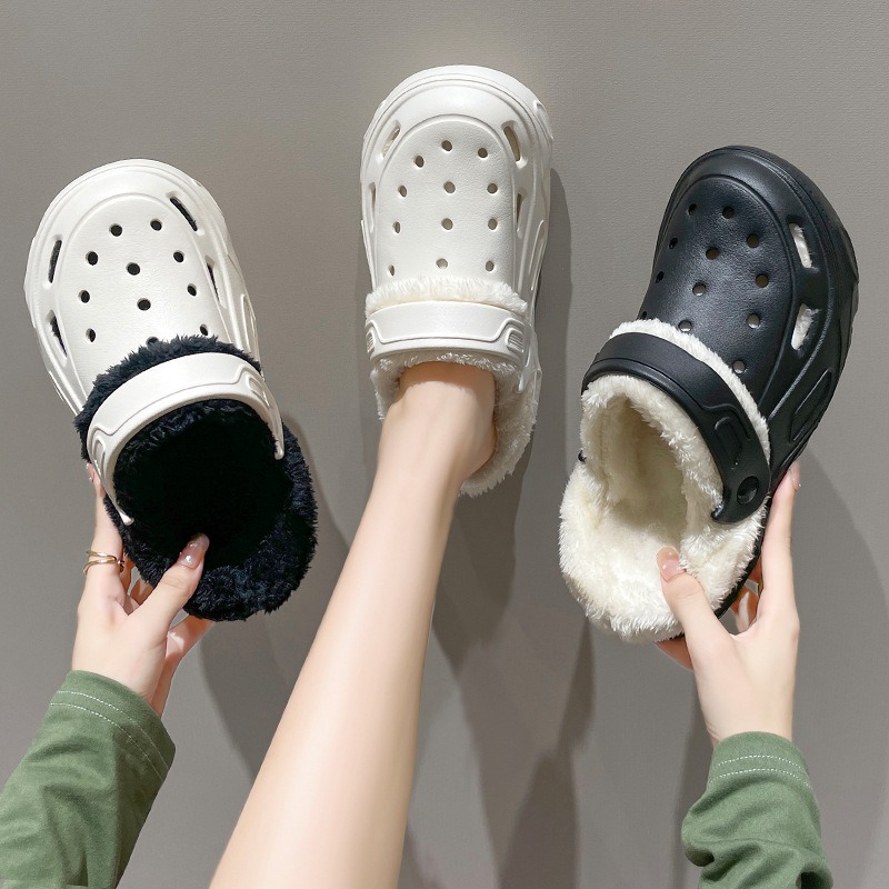 2024 autumn and winter clogs cotton boots high heels plus velvet cave shoes thickened warm woolly home cotton shoes women