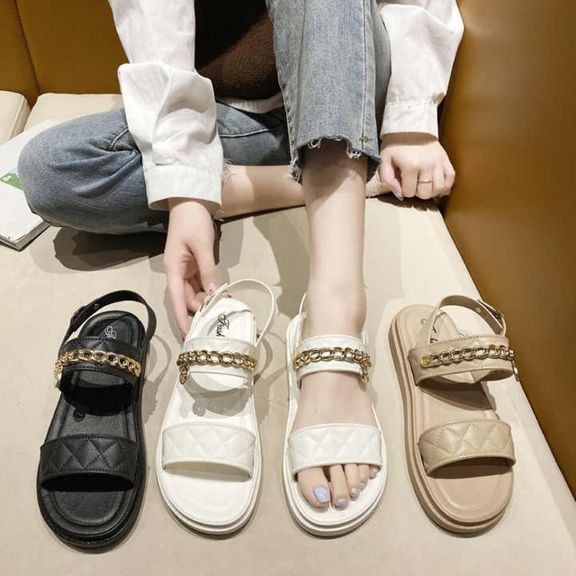 Outdoor Non-slip Women Summer Sandals Chain Casual Round Toe Comfortable Female Flat Sandals