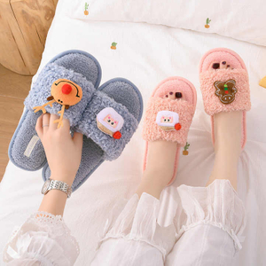 Christmas Winter New Cotton Cute Curly Fur Cartoon Slippers Women's Home Warm Plush 