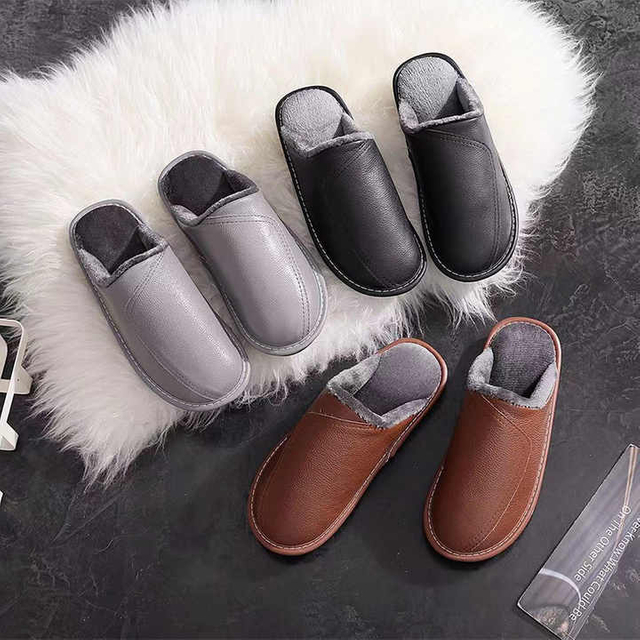 Mens winter slippers short plush indoor shoes unisex fashion leather slipper women bedroom foot wear