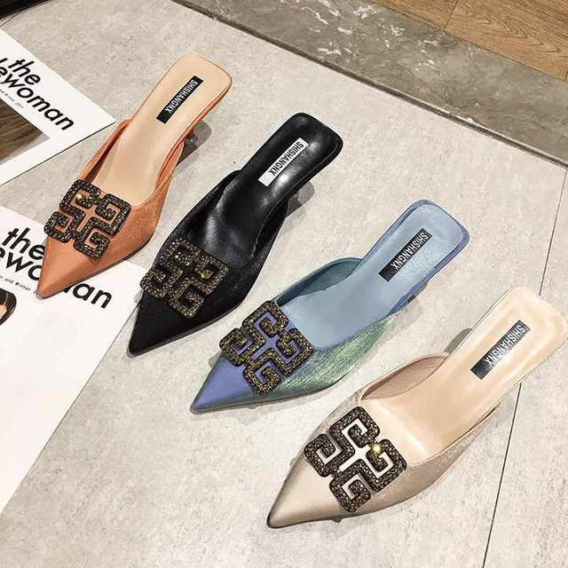 New cheap women's shoes summer pointed toe half slippers lady's stiletto mid heel sandals