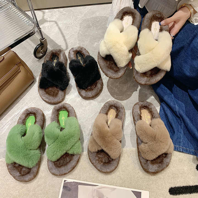 Thick Sole Autumn Winter Fashion Women Cross Faux Fur Slippers Outside Wear Warm Indoor Ladies 