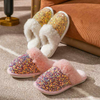 Winter Sequins Plush Cotton Slippers For Women Flats New Fashion Platform Casual Home Suede Fur Warm Flip Flops