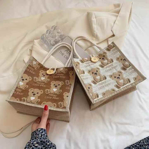 Bear Linen Tote Bag Female Outing Handbag Internet Celebrity Ins Japanese Small Shoulder Bag Student
