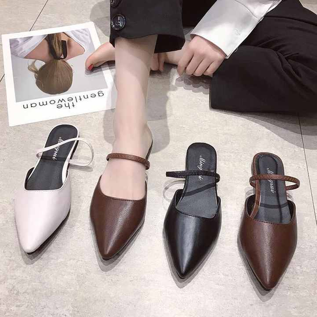 Delicate Leather Sandals Woman Pointed Toe Slippers Flat Low Heels Mules Ladies Casual Slides
