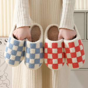 Cute Cartoon Checkerboard Winter Plush Slippers Quiet Ultra Light Non-Slip Floor Indoor Cotton Shoes