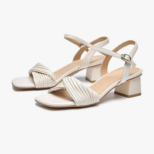Genuine Leather Summer Sandals Women High Heels Fashion Square Open Toe Ladies Sandals