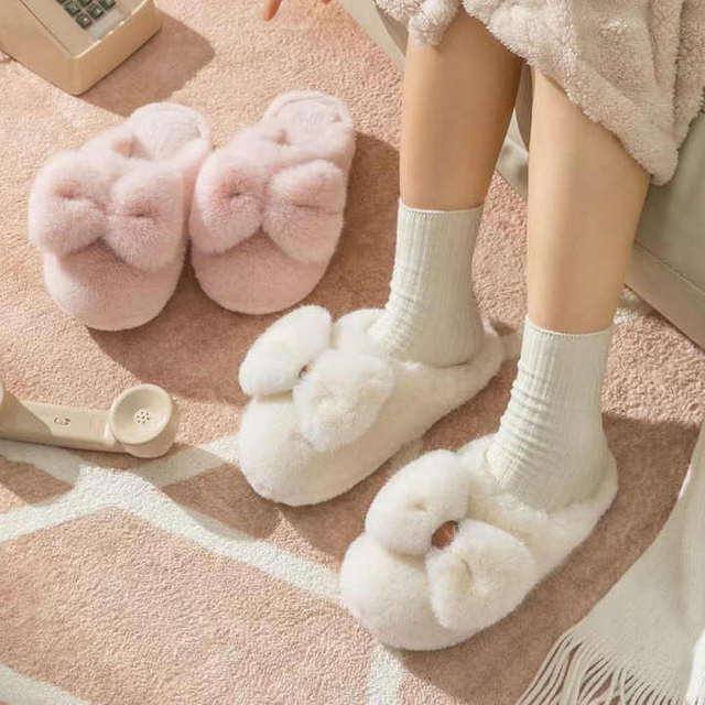 Cute Bow Fur Slippers Women Winter Warm Closed Plush Home Slipper Kawaii Slides Shoes Flat 