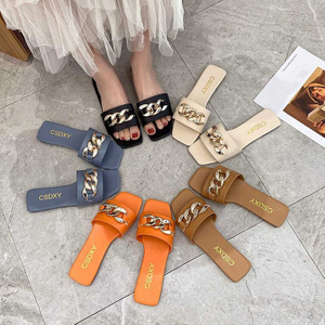Women Summer Square Toe Chain Slippers Flat Slide Sandals Beach Casual Shoes Ladies