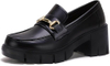 Womens Chunky Platform Lug Sole Loafers Mid Heel Square Toe Dress Walking Work Shoes with Buckle Chain