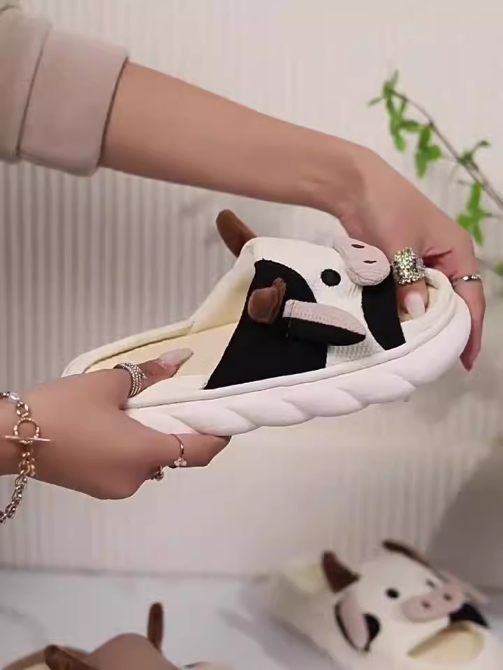 Four Seasons Universal Indoor Home Cow Linen Slippers Sandals Cute Cartoon Non-slip