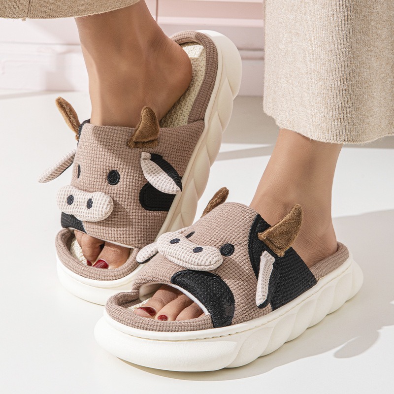 Four Seasons Universal Indoor Home Cow Linen Slippers Sandals Cute Cartoon Non-slip