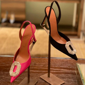spring and summer new oval rhinestone square buckle high heels satin fashion sandals