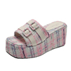 Square Head Platform Slippers Belt Buckles Corduroy Open-toe Women Sandals Summer New 2024 Designer Shoes Fashion Wedge Sandals