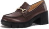 Womens Chunky Platform Lug Sole Loafers Mid Heel Square Toe Dress Walking Work Shoes with Buckle Chain