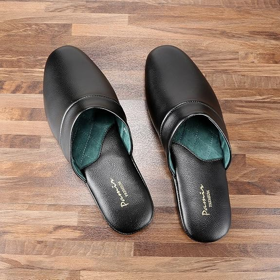 Men's Genuine Leather Scuff Slippers with Memory Foam Insole and Leather Outsole