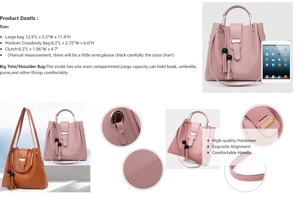 Ladies 3 Pcs Bag,Famous Brands Shoulder Bag,Womens PU Handbag,Ladies Tassel Tote,Womens Shoulder Bag