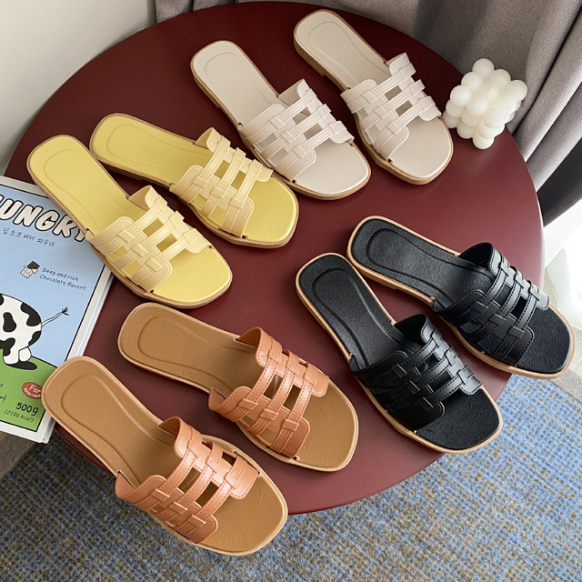  Flat Sandals Comfortable Sandals Women's Dressy shoes Square Open Toe Slide Backless Faux Suede Summer Flats 