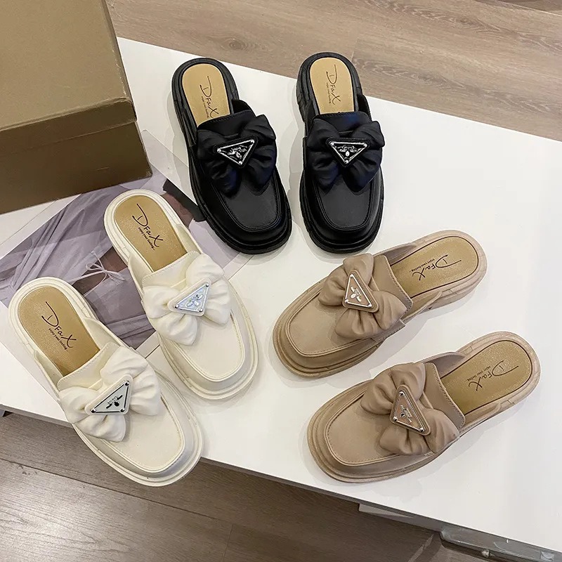 New Black White Fashion Bow Button Loafers Women Chunky Shoes Slip On Spring Summer Female