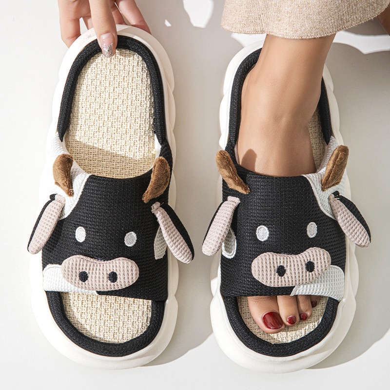 Four Seasons Universal Indoor Home Cow Linen Slippers Sandals Cute Cartoon Non-slip