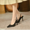 High heels women's slender heels autumn new satin blue pointy single shoes back trip strap with skirt wrapped head women's sandals