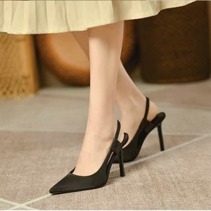 High heels women's slender heels autumn new satin blue pointy single shoes back trip strap with skirt wrapped head women's sandals