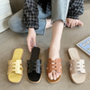  Flat Sandals Comfortable Sandals Women's Dressy shoes Square Open Toe Slide Backless Faux Suede Summer Flats 