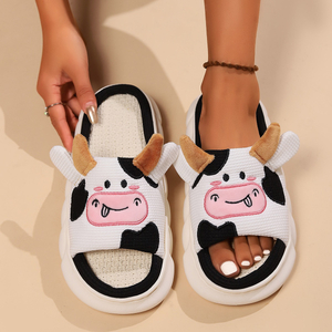 Four Seasons Universal Indoor Home Cow Linen Slippers Sandals Cute Cartoon Non-slip