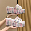 Square Head Platform Slippers Belt Buckles Corduroy Open-toe Women Sandals Summer New 2024 Designer Shoes Fashion Wedge Sandals