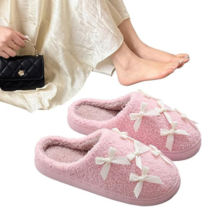  Coquette Bow Slippers Cute Plush Fluffy Warm Fur Slippers Ladies Fuzzy Bedroom for Indoor House Home Winter