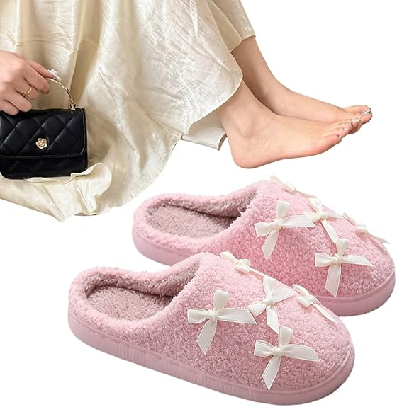  Coquette Bow Slippers Cute Plush Fluffy Warm Fur Slippers Ladies Fuzzy Bedroom for Indoor House Home Winter