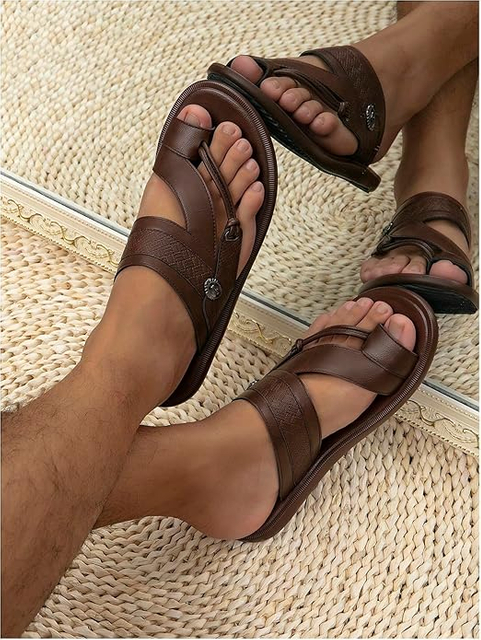 Men's Ring Toe Flat Sandals Braided Slip on Vacation Leather Slippers